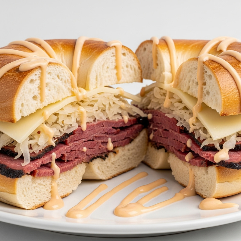 Delicious Bagel with Pastrami, Sauerkraut, Swiss Cheese & Thousand Island Delicious Bagel with Pastrami, Sauerkraut, Swiss Cheese & Thousand Island