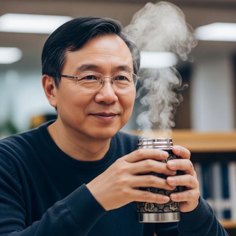 Middle-aged Chinese Man Holding Thermos Cup with Steaming Hot Tea