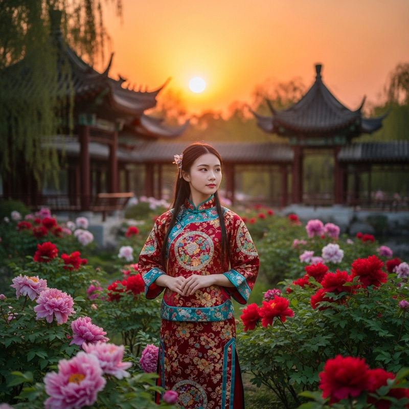 Elegant Chinese Girl with Long Hair in Tranquil Garden Setting Elegant Chinese Girl with Long Hair in Tranquil Garden Setting