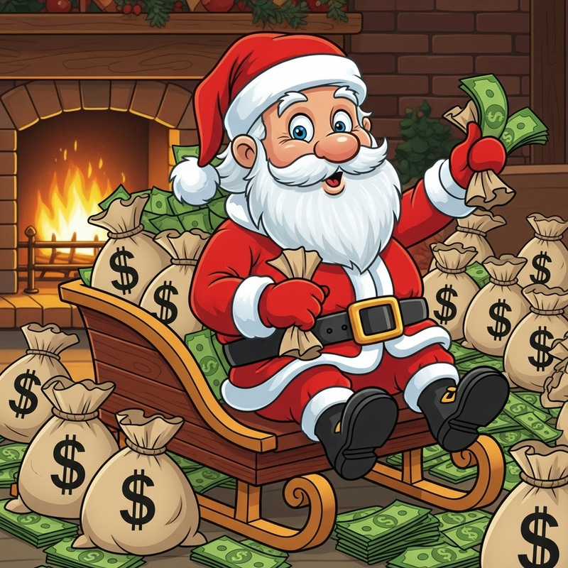 Santa Claus with Bags of Cash - Festive Wealth Illustration Santa Claus with Bags of Cash - Festive Wealth Illustration