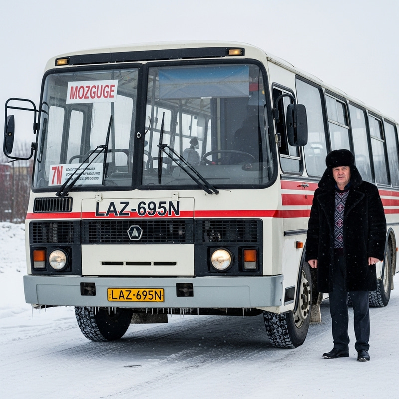 Winter Scene: Soviet-Style Man & LAZ-695N Bus