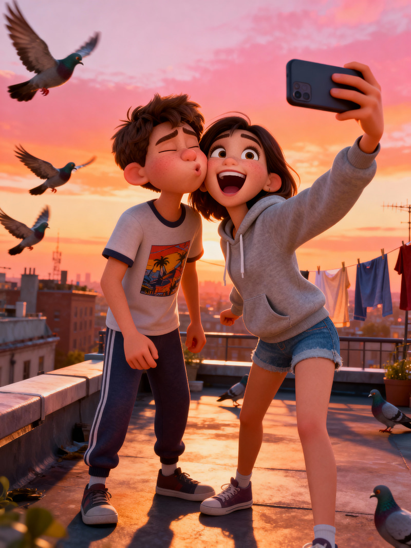 Fun Couple Selfie on Rooftop at Golden Hour Fun Couple Selfie on Rooftop at Golden Hour