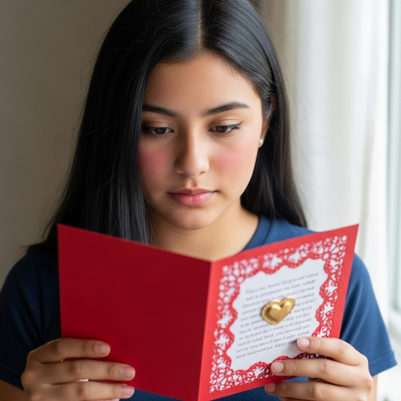 Beautiful Teen Girl with Black Hair Holding Valentine's Card