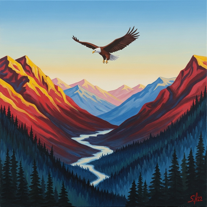 Abstract Painting: Eagle Soaring in Blue, Red & Yellow Abstract Painting: Eagle Soaring in Blue, Red & Yellow