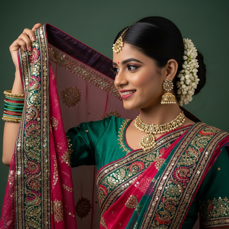 Indian Girl in Stunning Sari: Vibrant Colors & Intricate Embroidery Indian Girl in Stunning Sari: Vibrant Colors & Intricate Embroidery