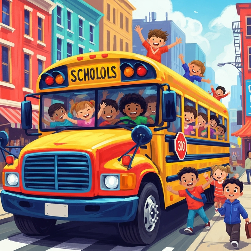 Vibrant City Street with Colorful School Bus Vibrant City Street with Colorful School Bus