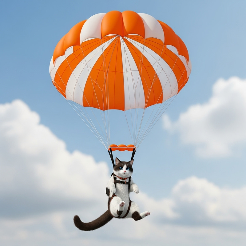 Cat Parachuting: Stunning Jet Black & White Feline in Bright Orange Parachute Cat Parachuting: Stunning Jet Black & White Feline in Bright Orange Parachute