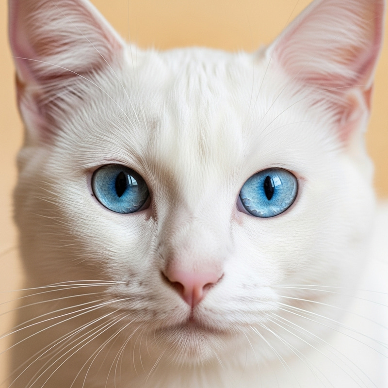 White Cat Face with Striking Blue Eyes on Light Orange Background White Cat Face with Striking Blue Eyes on Light Orange Background