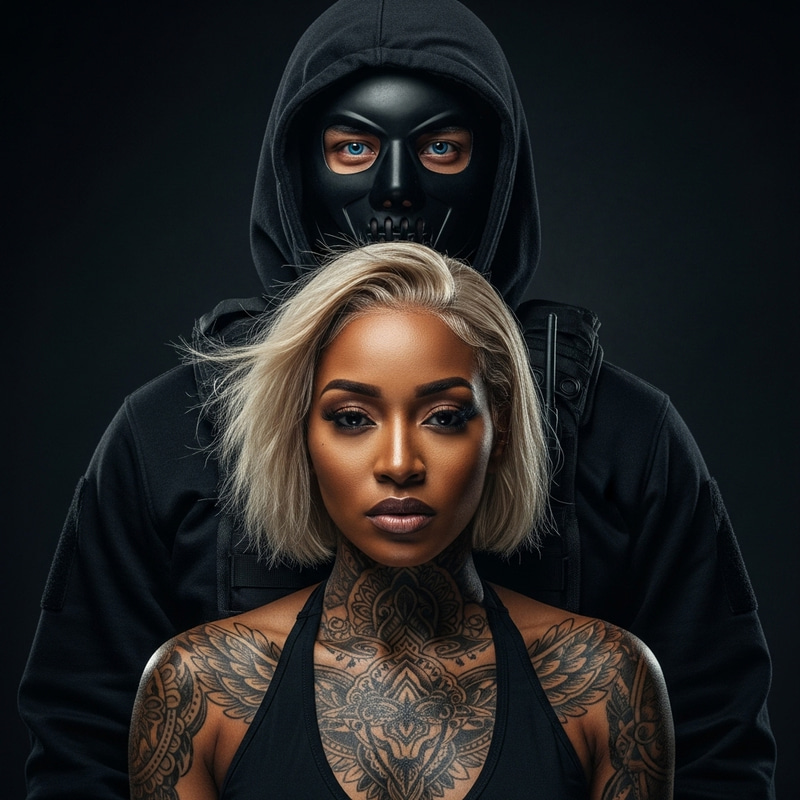 Protective Man in Tactical Gear Shielding Woman with Tattoos Protective Man in Tactical Gear Shielding Woman with Tattoos