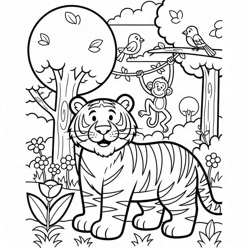 Friendly Tiger in Vibrant Jungle for Coloring Book