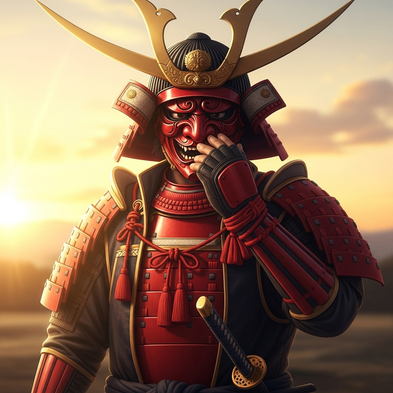 Samurai in Striking Red Armor | Demon Mask & Rising Sun Samurai in Striking Red Armor | Demon Mask & Rising Sun
