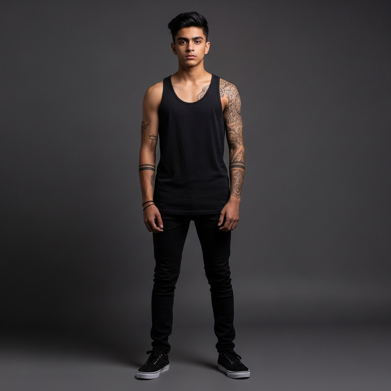 Dark Haired Anime Boy with Muscular Build, Scars, Tattoos in Monochrome Background