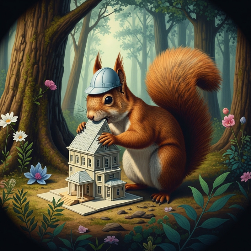 Mischievous Architect Squirrel in Vibrant Forest | Surreal Magic