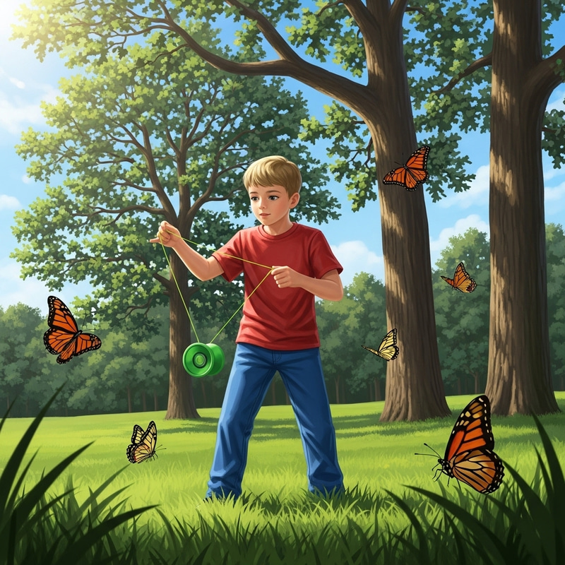 Charming Young Boy with Green Yo-Yo in the Park Charming Young Boy with Green Yo-Yo in the Park