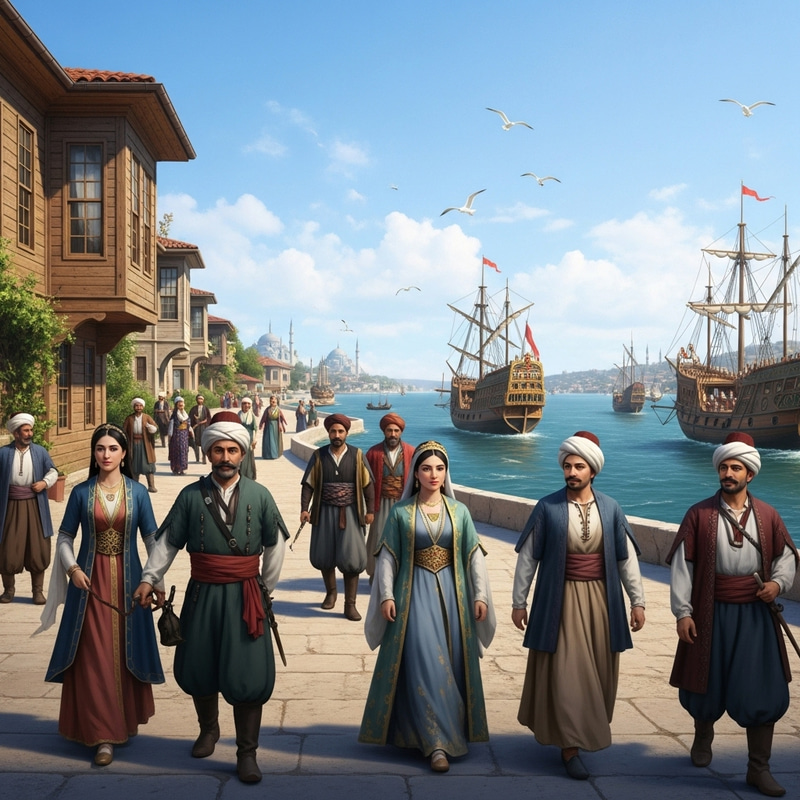 Sunny Ottoman Era Seaside Scene: People, Ships & Turkish Architecture Sunny Ottoman Era Seaside Scene: People, Ships & Turkish Architecture