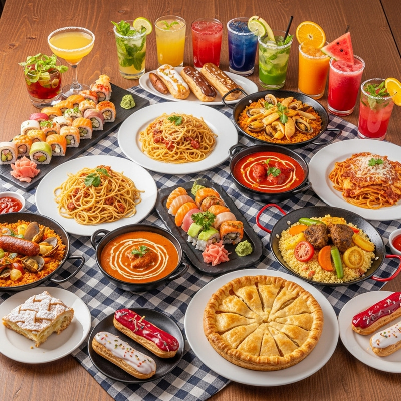 Global Gastronomy Feast: Sushi, Pasta, Paella, Curry & More Global Gastronomy Feast: Sushi, Pasta, Paella, Curry & More