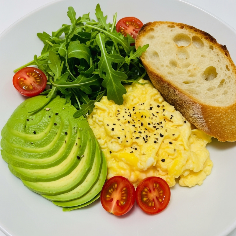 Tender Scrambled Eggs with Avocado, Rocket Salad and Tomatoes Tender Scrambled Eggs with Avocado, Rocket Salad and Tomatoes