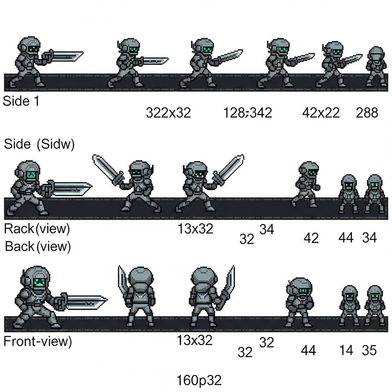 Futuristic-Style Pixel Art Sprite Sheet - SciFi RPG Character Frames Futuristic-Style Pixel Art Sprite Sheet - SciFi RPG Character Frames