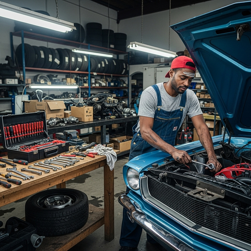 Skilled Mechanic on Vintage Car Skilled Mechanic on Vintage Car