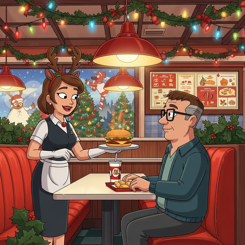 Colorful Christmas Decor & Heartwarming Moments at Festive Fast Food Restaurant Colorful Christmas Decor & Heartwarming Moments at Festive Fast Food Restaurant