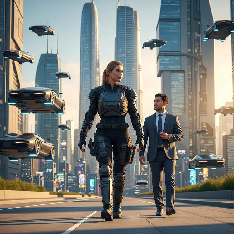 Female Bodyguard Safeguarding CEO in Futuristic City Female Bodyguard Safeguarding CEO in Futuristic City