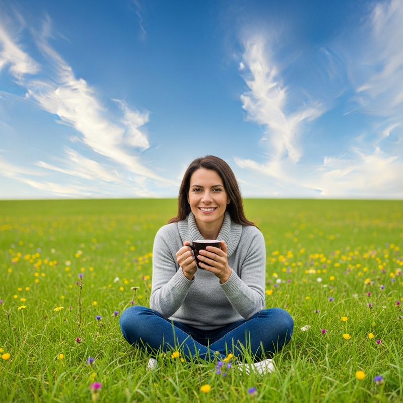 Woman Enjoying Coffee in the Field | Serene and Peaceful Scene Woman Enjoying Coffee in the Field | Serene and Peaceful Scene