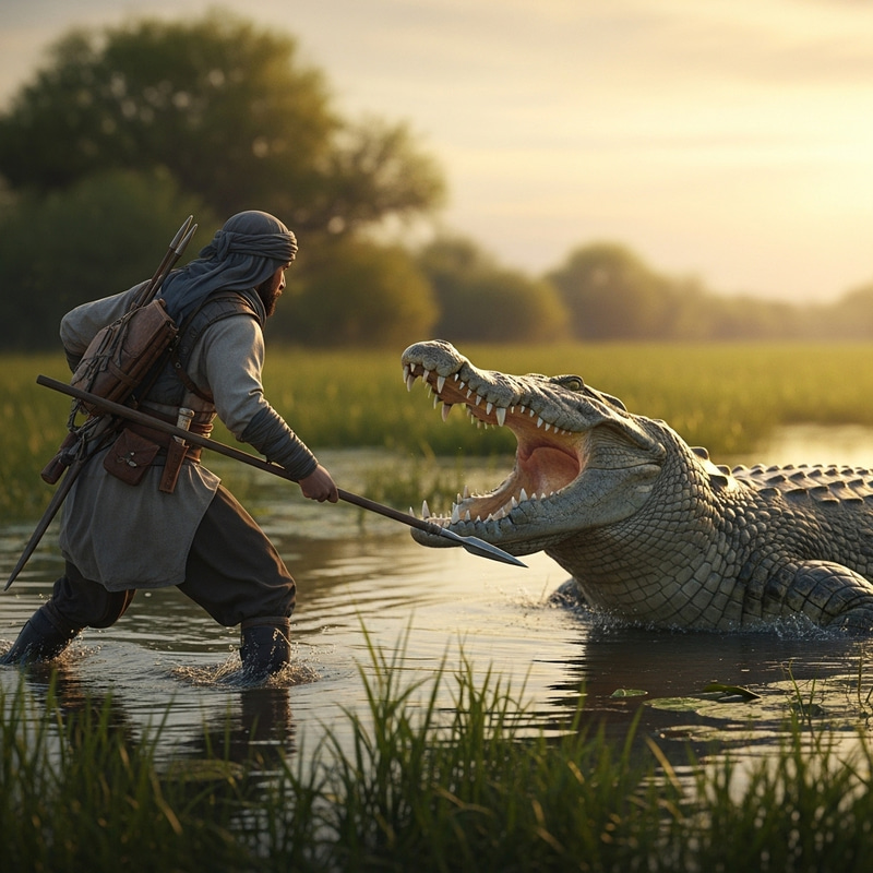 Courageous Middle Eastern Warrior vs Giant Crocodile in High-Action Battle Scene Courageous Middle Eastern Warrior vs Giant Crocodile in High-Action Battle Scene