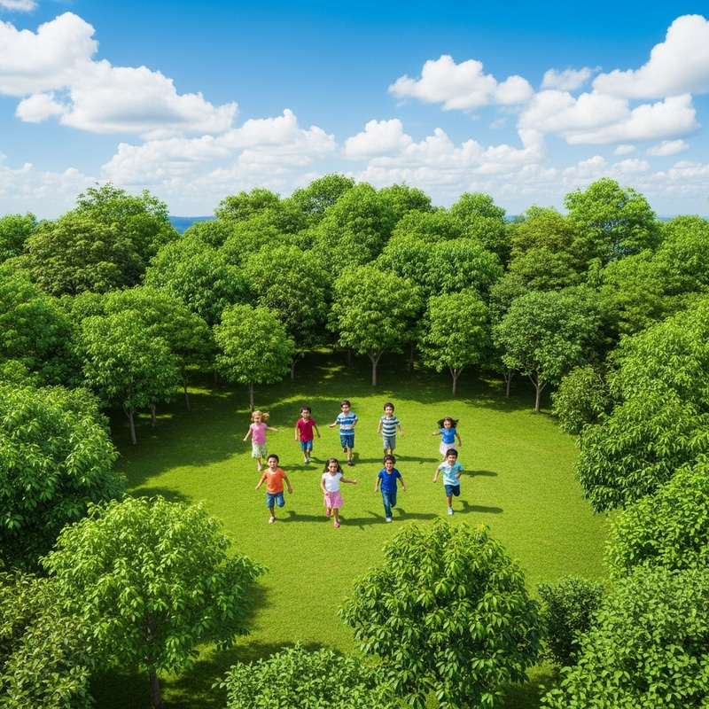 Lush Earth with Trees and Happy Children Lush Earth with Trees and Happy Children