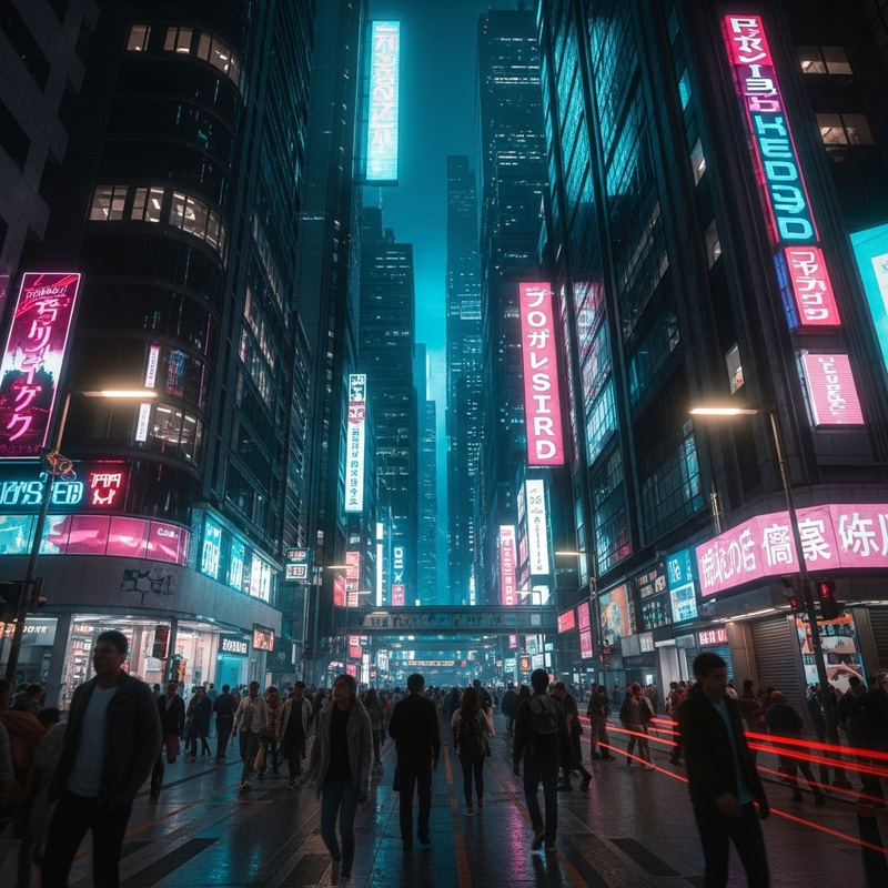 Futuristic Cyberpunk Cityscape: Neon Lights, Skyscrapers, and Bustling Streets Futuristic Cyberpunk Cityscape: Neon Lights, Skyscrapers, and Bustling Streets