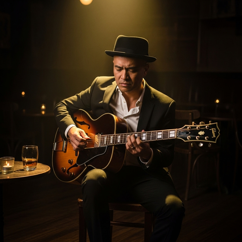 Melancholic Guitarist in Dark Room with Pork Pie Hat
