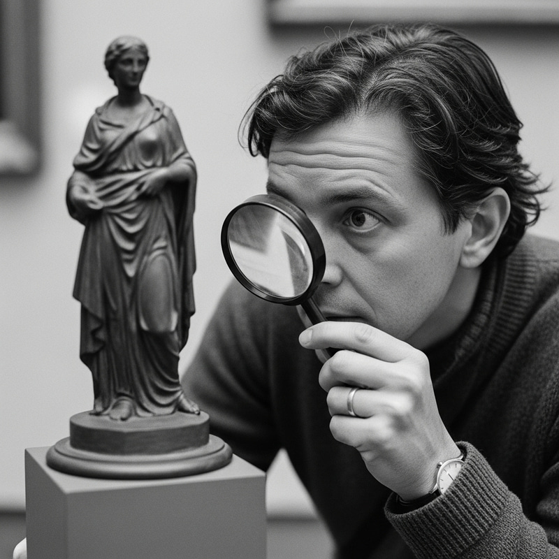 Monochrome Image: Person Examining Sculpture Monochrome Image: Person Examining Sculpture