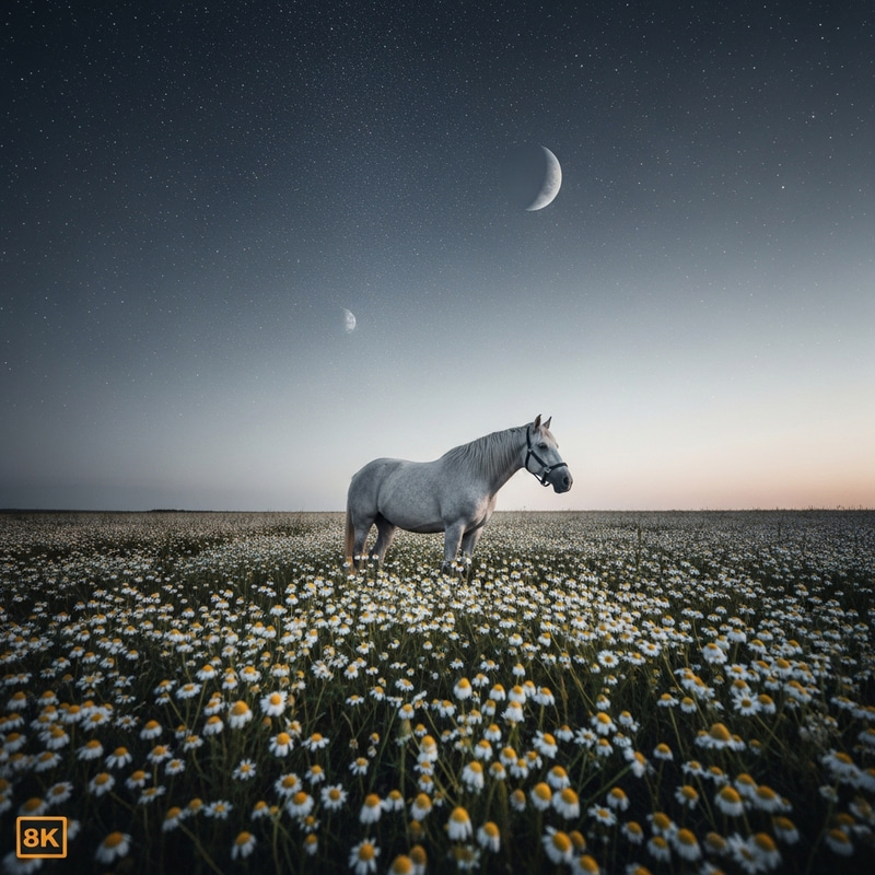 Serene Chamomile Field with Majestic Horse and Starry Sky Serene Chamomile Field with Majestic Horse and Starry Sky