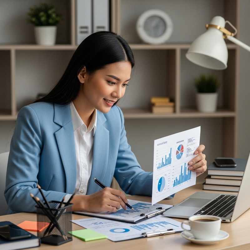 Young Asian Woman Marketing Manager Analyzing Campaign Data Young Asian Woman Marketing Manager Analyzing Campaign Data