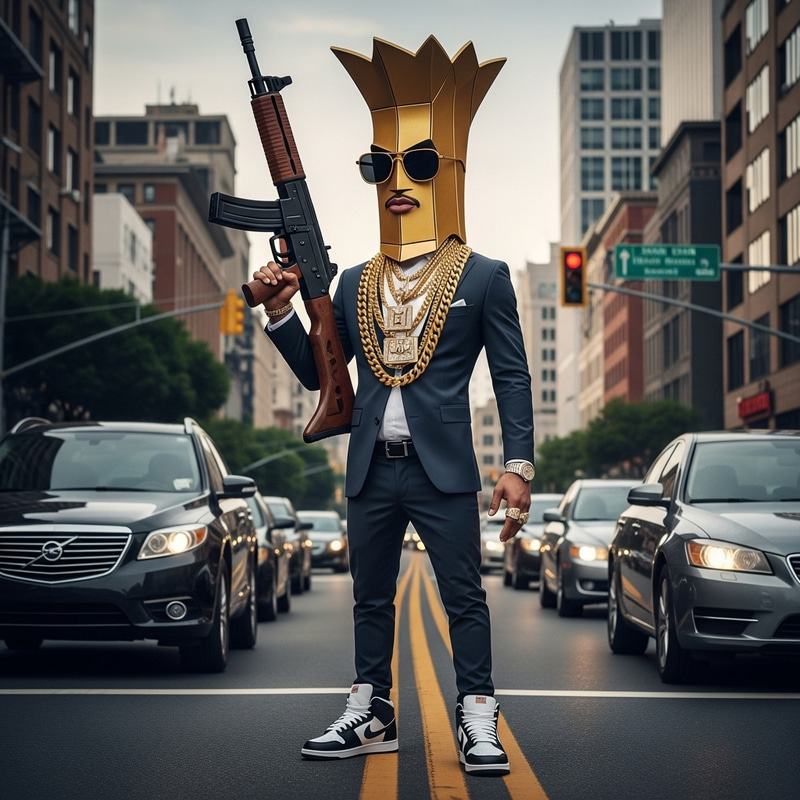 Dominant Firearm Figure with Gold Chains in Urban Traffic Chaos Dominant Firearm Figure with Gold Chains in Urban Traffic Chaos