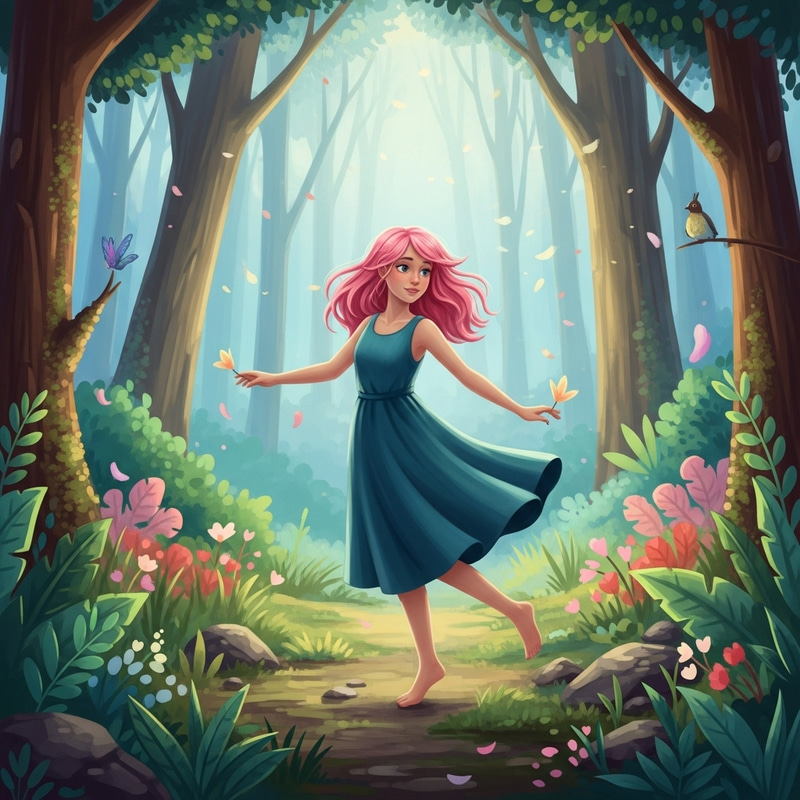 Playful Pink-Haired Girl Twirling in Enchanted Forest Fantasy Playful Pink-Haired Girl Twirling in Enchanted Forest Fantasy