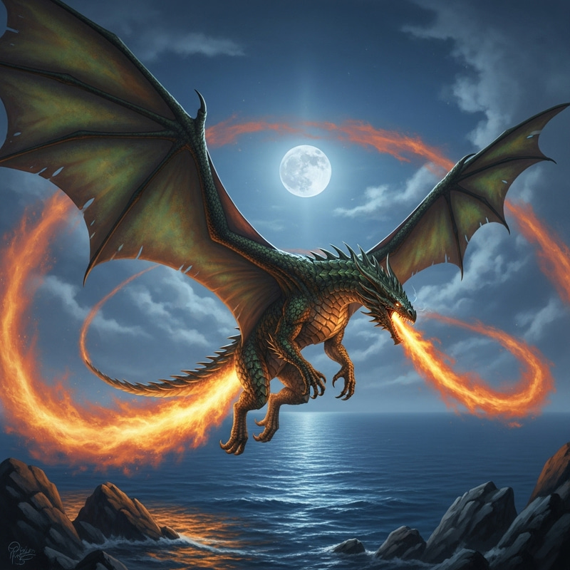 Majestic Drakaris Dragon Soaring Over Ocean Majestic Drakaris Dragon Soaring Over Ocean