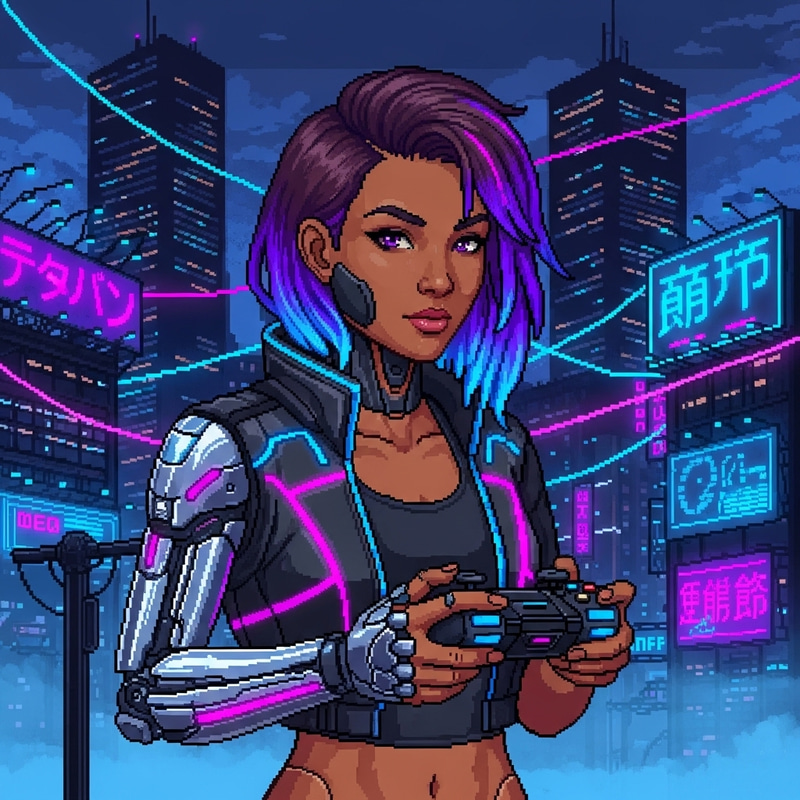 Cyberpunk Female with Gamepad - Pixel Art Design Cyberpunk Female with Gamepad - Pixel Art Design