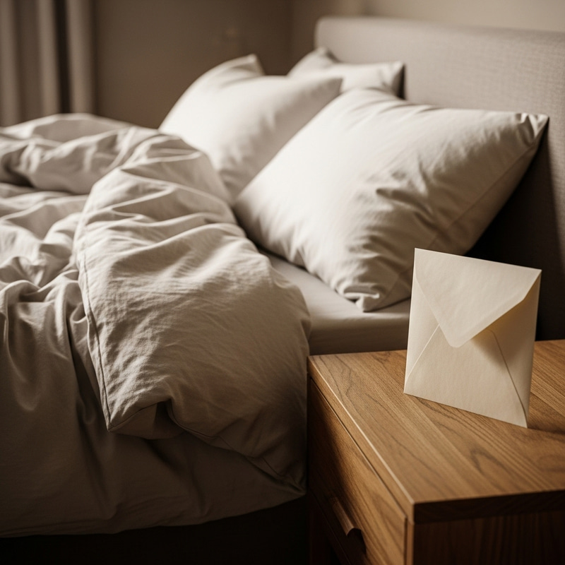 Cozy Bedroom with Nightstand, Envelope & Bed Cozy Bedroom with Nightstand, Envelope & Bed