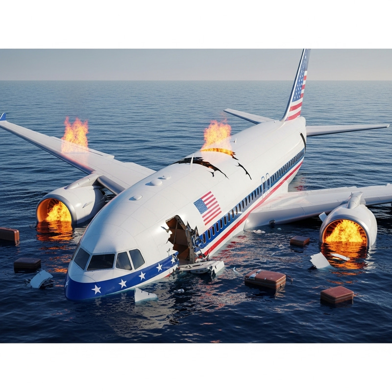 White Plane Wreck with USA Flag - Engulfed Flames in Ocean White Plane Wreck with USA Flag - Engulfed Flames in Ocean