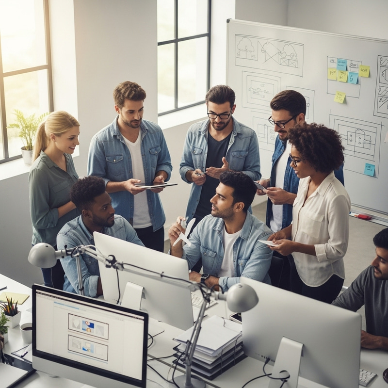 Diverse Group of Designers Engaging in Teamwork in Minimalist Workspace