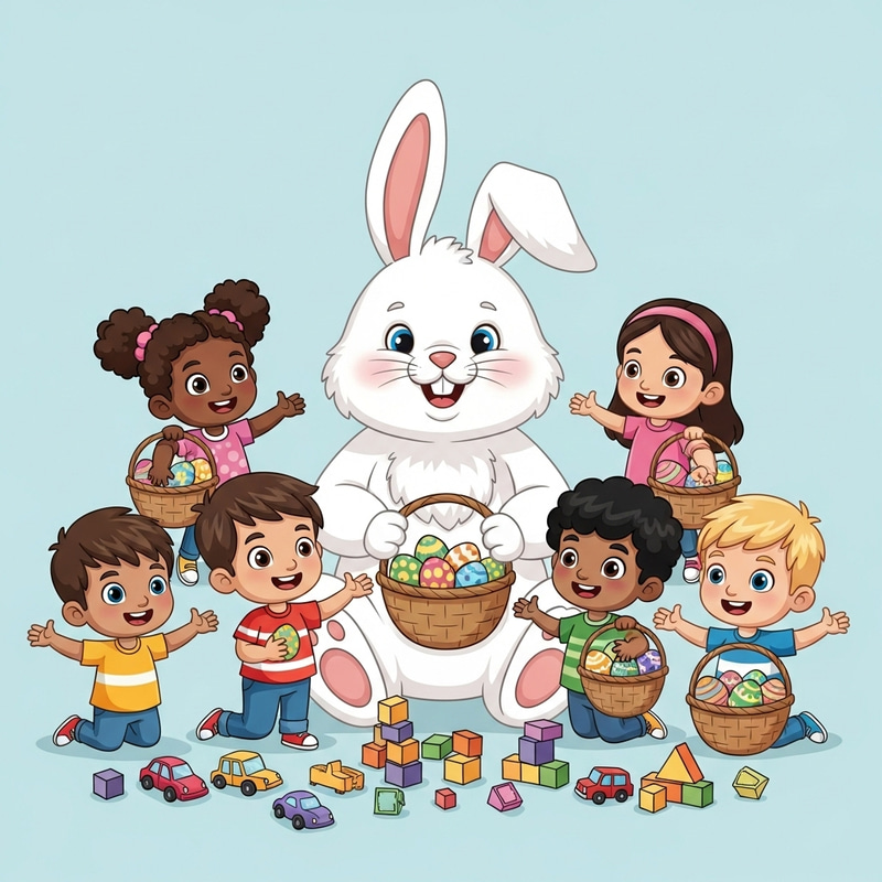 Easter Bunny and Diverse Cartoon Kids Enjoying Easter Fun