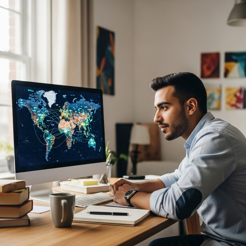 Young Man Working on Computer with World Map Display Young Man Working on Computer with World Map Display