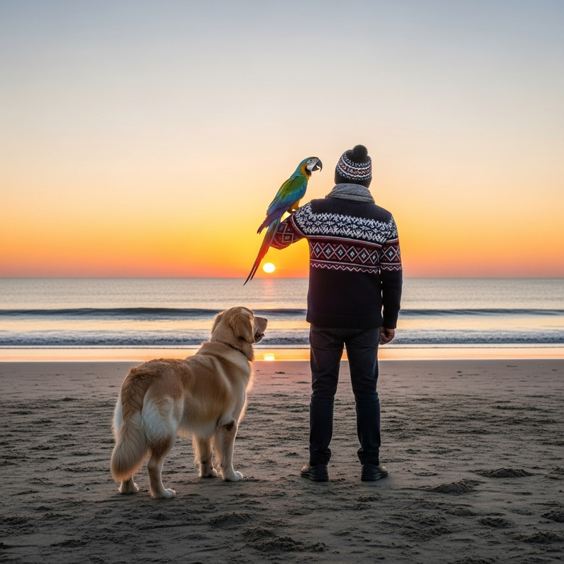 Serene Coastal Portrait with a Person, Dog, and Bird Serene Coastal Portrait with a Person, Dog, and Bird