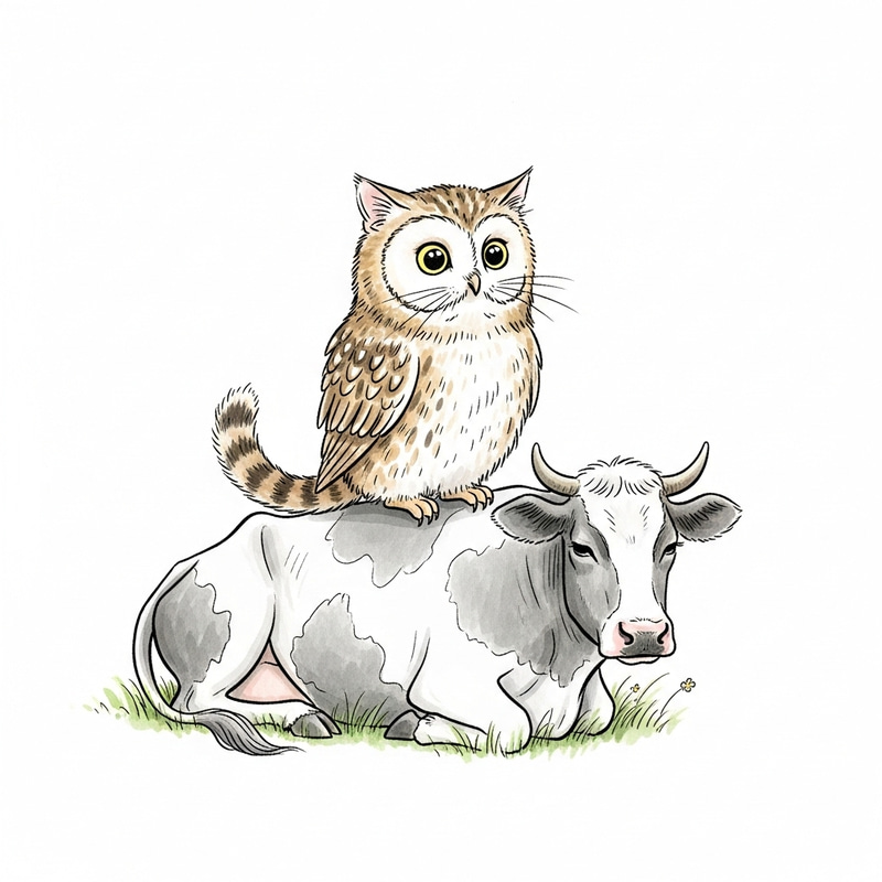 Whimsical Cat Owl and Cow Illustration - Enchanting Scene Whimsical Cat Owl and Cow Illustration - Enchanting Scene