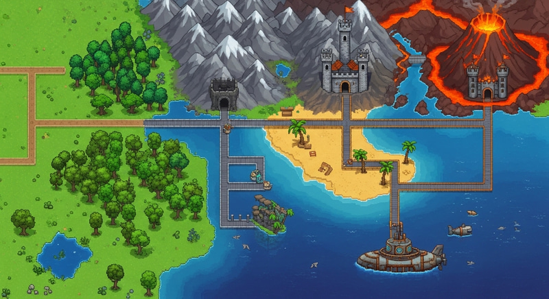 Pixel Art Level Selector: Adventure Scenery with Oak Forest and Volcano