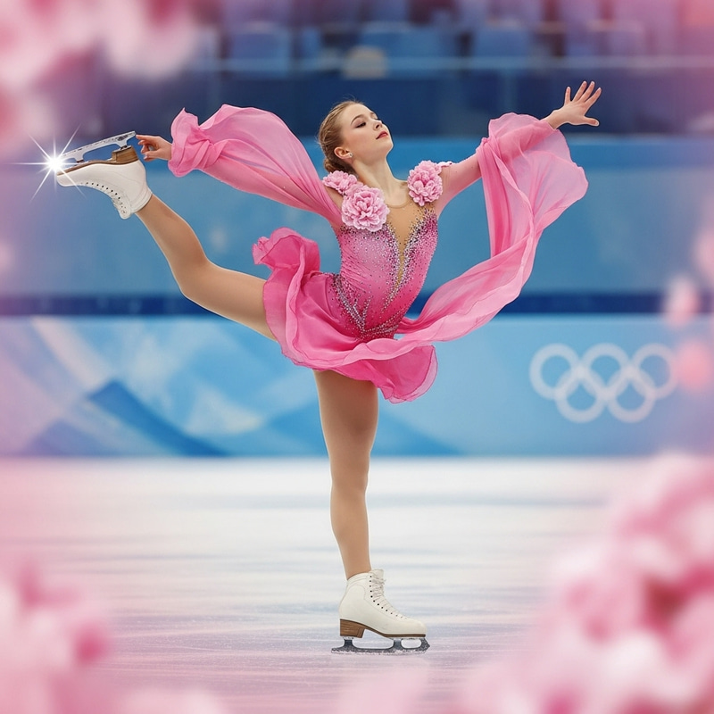 Elegant Female Figure Skater in Sparkling Pink Costume on Silver Skates