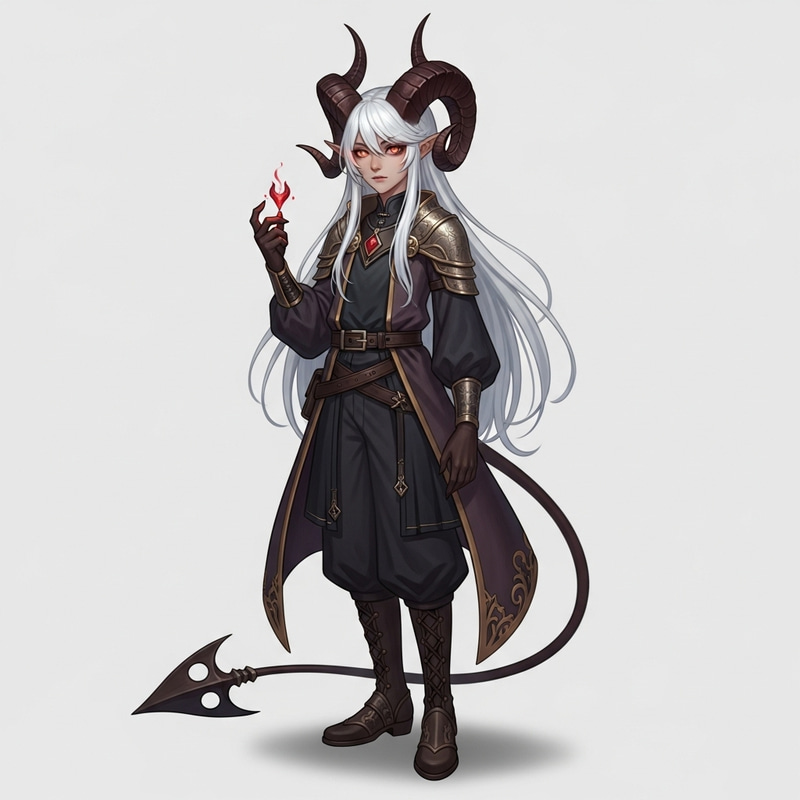 Young Tiefling with Fizzy Twirly Horns and Ethereal White Hair Young Tiefling with Fizzy Twirly Horns and Ethereal White Hair