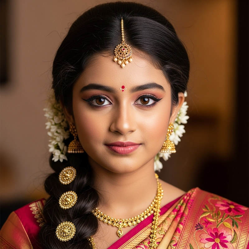 Beautiful 12yr Old Indian Girl in Traditional Costume, Long Hair, Closeup Portrait