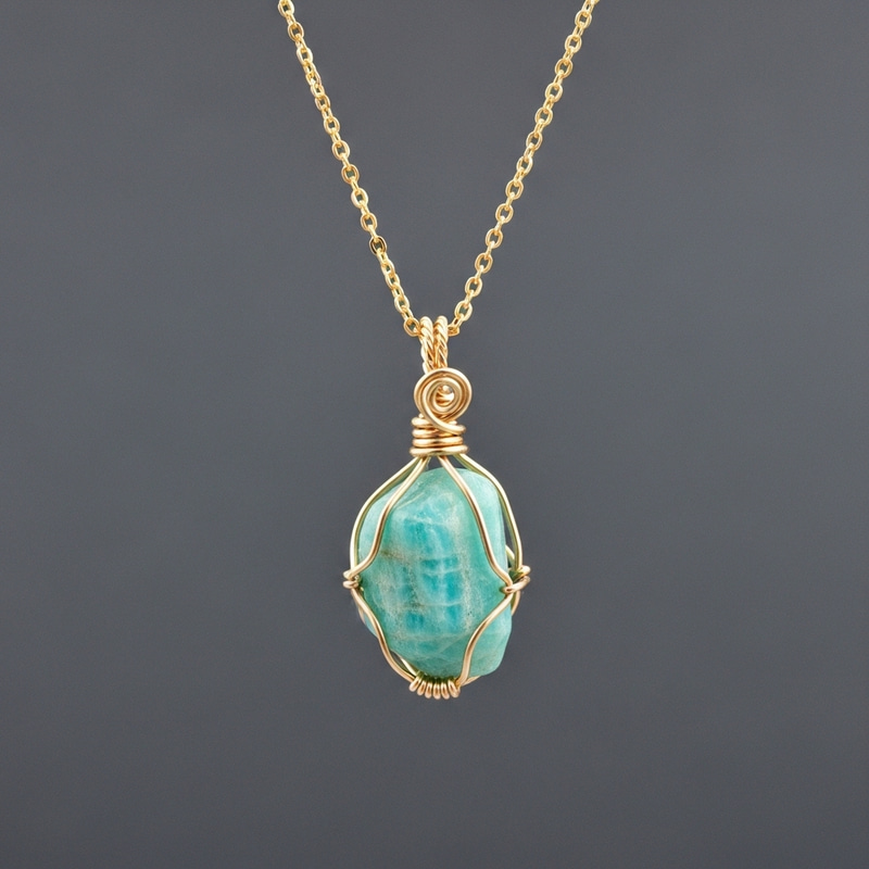 Gold Plated Amazonite Crystal Wire Wrap Necklace - Handcrafted Jewelry Gold Plated Amazonite Crystal Wire Wrap Necklace - Handcrafted Jewelry