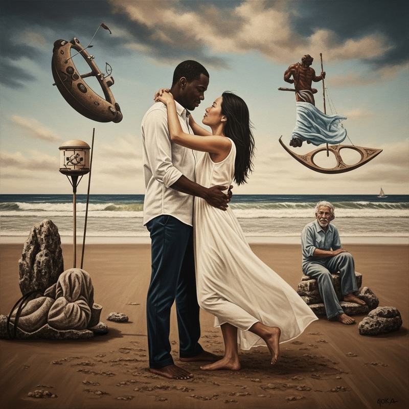 Romantic Embrace at Surreal Beach | Vintage Film Sepia Tones Romantic Embrace at Surreal Beach | Vintage Film Sepia Tones